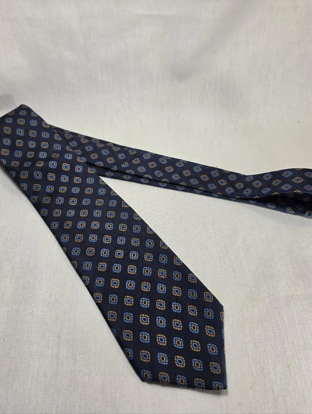 Mens Vintage Liberty Of London Navy Silk & Wool Tie w Blue & Gold Medallions